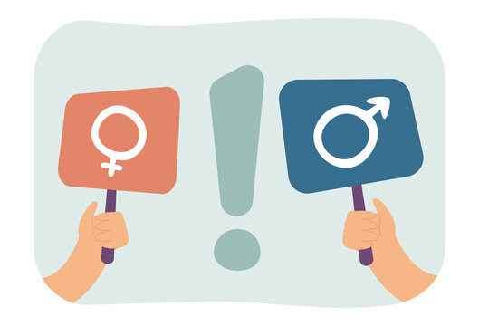 People holding placards with gender symbols. Exclamation sign between male and female signs flat vector illustration. Equality, freedom concept for banner, website design or landing web page