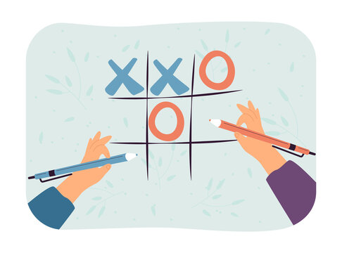 Hands holding pens and drawing oughts and crosses. People or friends playing tic-tac-toe flat vector illustration. Recreation, friendship, game concept for banner, website design or landing web page