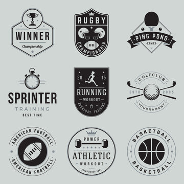Collection monochrome vintage sports championship logo design vector illustration. Set retro active hobby game playing rugby, ping pong, sprinter training, running workout, golf club tournament emblem