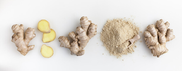 Set of fresh ginger root with slice and powder islolated on white background. Top view.