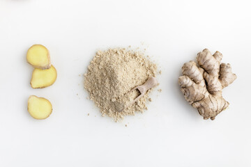 Set of fresh ginger root with slice and powder islolated on white background. Top view.
