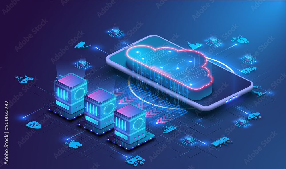 Leinwandbilder data processing center, cloud computing technologies. connecting server farm to the internet. isomet