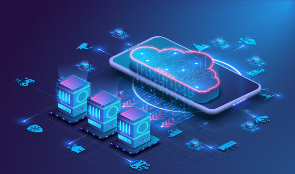 Data processing center, cloud computing technologies. Connecting server farm to the Internet. Isometric server Room and Big Data Processing Concept, Cloud Data Processing Center. Vector illustration