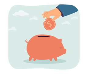 Hand putting gold coin into piggy bank flat vector illustration. Person saving or investing money. Business, bank, finance, economy, wealth concept for banner, website design or landing web page