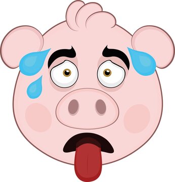 Vector Illustration Of The Face Of An Exhausted Cartoon Pig With His Tongue Out And Beads Of Sweat On His Head