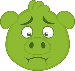 Vector illustration of the face of a cartoon pig with a green color of nausea

