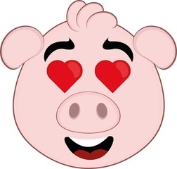 Vector illustration of the face of a cartoon pig with eyes in the form of hearts