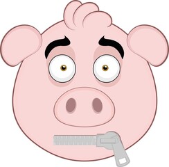 Vector illustration of the face of a cartoon pig with a zipper in the mouth