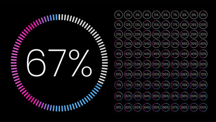 The illustration of 67 percent (67%) is a vector in a circle with purple, blue, green, and gray on a black background. The stat has many percent sets of the rest of the number for a pie chart report