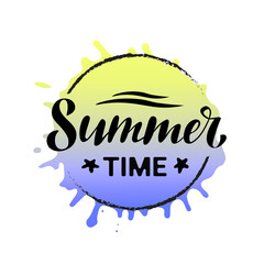 Summer time. Digital hand lettering. Black letters with waves and stars inside the circle on the yellow-blue watercolor background. Vector illustration for printing on card calendar notebook 