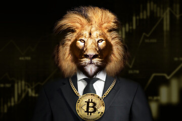 Grayscale shot of a suited lion with a bitcoin coin necklace and finance graph background