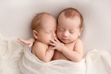 Tiny newborn twins boys in white cocoons on a white background. A newborn twin sleeps next to his brother. Newborn two twins boys hugging each other.Professional studio photography