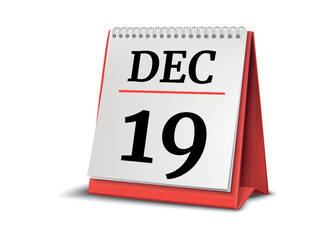 Calendar on white background. 19 December. 3D illustration.