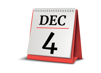 Calendar on white background. 4 December. 3D illustration.
