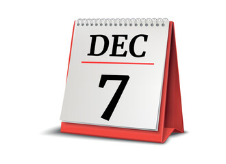 Calendar on white background. 7 December. 3D illustration.