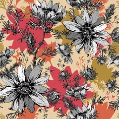 Gardinen Trendy Elegant Floral vector seamless pattern blooming hand drawn black and white flowers. Botanical Motifs. Printing with in hand drawn style. Template for fashion prints. © Maggie