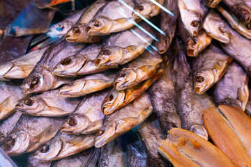 dried fish chekhon on the counter of the store