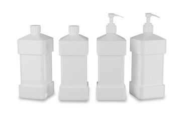 Cleaning products white plastic bottles for shampoo or liquid laundry detergent and white pump head, Package 3D mockup isolated