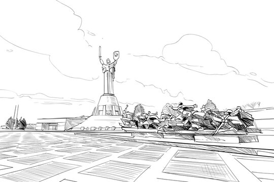 Motherland monument. Kyiv. Ukraine. Hand drawn sketch. Vector illustration.