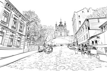 Andrew's Church. Andrew's Descent. Kyiv. Ukraine. Hand drawn sketch. Vector illustration.