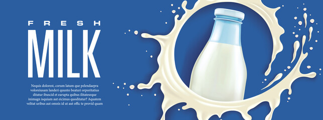 blue background  with fresh milk splash and bottle