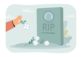 Hand putting flowers on tombstone flat vector illustration. Person mourning and visiting cemetery. Funeral ceremony, memorial, grave concept for banner, website design or landing web page