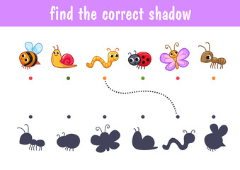 Set of cute insects, bee, worm, ant, butterfly, dragonfly, bee, snail. Find the correct shadow. Educational game for children. Cartoon vector illustration, color clipart.