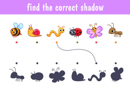 Set of cute insects, bee, worm, ant, butterfly, dragonfly, bee, snail. Find the correct shadow. Educational game for children. Cartoon vector illustration, color clipart.