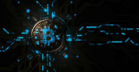Bitcoin virtual cryptocurrency blockchain technology digital currency money gold coin exchange market future global network connections. BTC mining crypto symbol mainboard futuristic.3d rendering.
