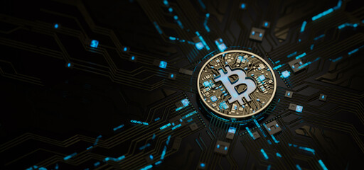 Bitcoin virtual cryptocurrency blockchain technology digital currency money gold coin exchange market future global network connections. BTC mining crypto symbol mainboard futuristic.3d rendering.