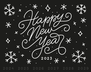 Fototapeta na wymiar Happy New Year abstract greeting card. New year festive template, banner, poster. Hand drawn winter holidays calligraphy. Vector illustration.
