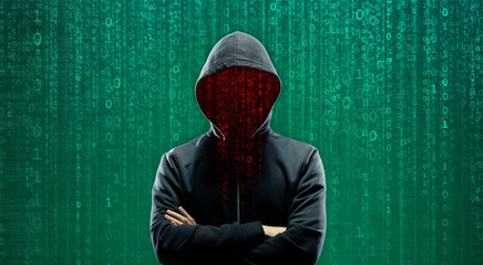 Hacker over Abstract Digital Background with Elements of Binary Code and Computer Programs. Concept of Data thief, internet fraud, darknet and cyber security.