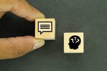 wooden cubes with problem and solution icons. problem solving concepts