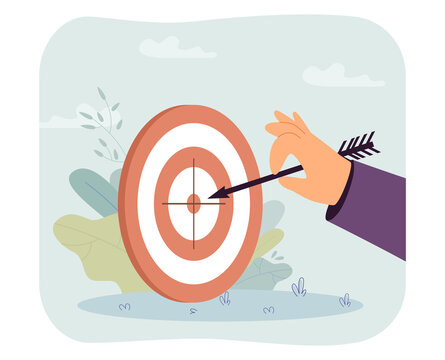 Arrow in center of dart board flat vector illustration. Successful person or businessman achieving goal, aiming at center of target. Competition concept for banner, website design or landing web page.