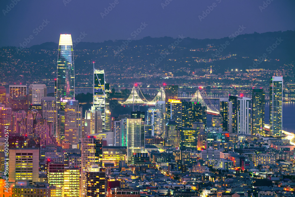 Sticker colorful cityscape of san francisco at night