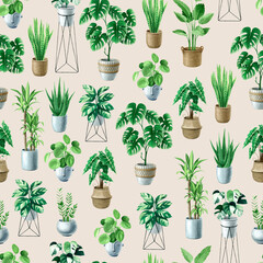 Indoor plants seamless pattern. Surface design.