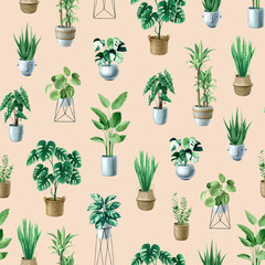 Naklejka na ściany i meble Indoor plants seamless pattern. Surface design.