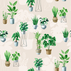 Fototapeta na wymiar Indoor plants seamless pattern. Surface design.