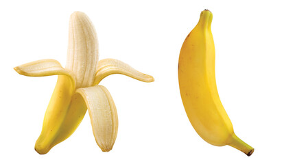 Banana descascada e banana inteira em fundo branco - obrazy, fototapety, plakaty
