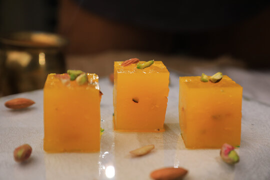 Bombay karachi halwa, Famous indian sweet closeup with selective focus and blur