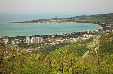 Fototapeta na wymiar View of Gelendzhik Bay from Markotkh Range. Krasnodar Krai. Russia