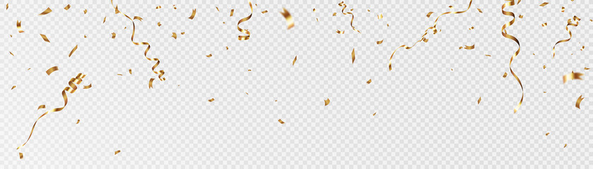 Fototapeta Confetti on a transparent background. Falling shiny golden confetti. Bright golden festive tinsel. Holiday design elements for web banner, poster, flyer, invitation. Vector	
 obraz