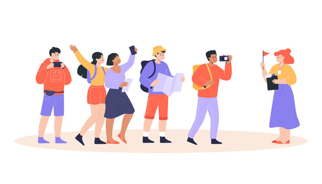 Female guide with group of tourists flat vector illustration. Happy girls and guys having excursion with tour guide holding flag. Men and women taking photo, looking sightseeing. Tourism, trip concept