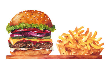 Watercolor french fries and burger. French fries in paper packaging and a big burger