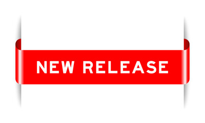 Red color inserted label banner with word new release on white background