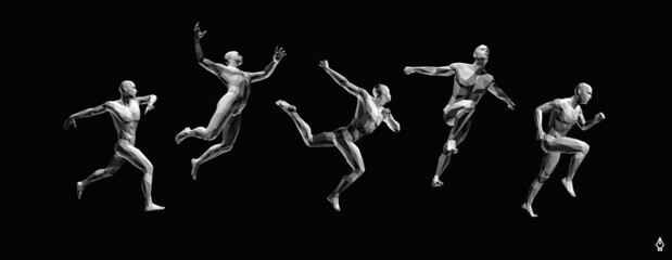 Models of polygonal people in different poses. Running man or marathon runner. Men is dancing and jumping. Design for sport. 3D human body model. Vector for brochure, flyer, logo or banner.