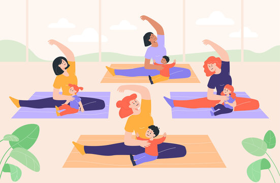 Mothers doing yoga with baby in studio flat vector illustration. Moms sitting on floor, stretching legs with children, doing exercises together. Healthy lifestyle, family sport, fitness, gym concept