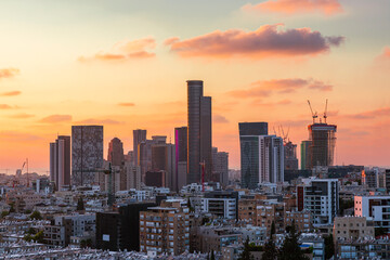 The Tel Aviv and Ramat Gan, Givatayim City Skyline At Sunset, Sunrise