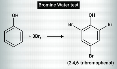 Bromine water test: Take aqueous or alcoholic solution of the organic compound in a test tube. Add excess of bromine water. A yellowish white precipitate is obtained. - obrazy, fototapety, plakaty