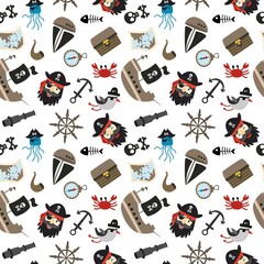 Seamless pattern pirates with ship, seagull, skull, anchor, treasure chest. Vector illustration for designs, prints and patterns. Isolated on white background.
